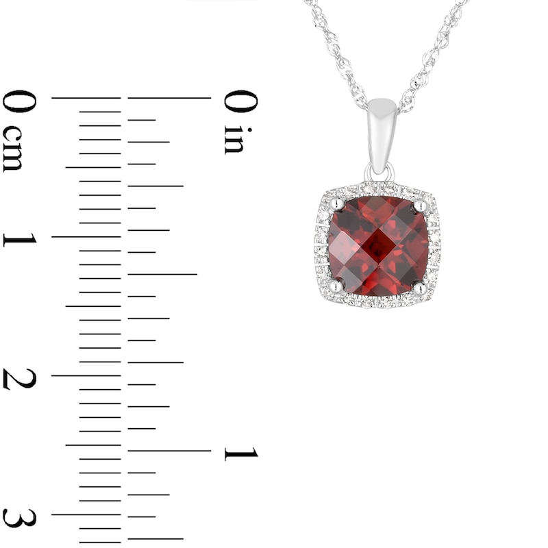 Main Image 3 of 7.0mm Cushion-Shaped Garnet and 1/15 CT. T.W. Diamond Frame Drop Pendant in 14K White Gold