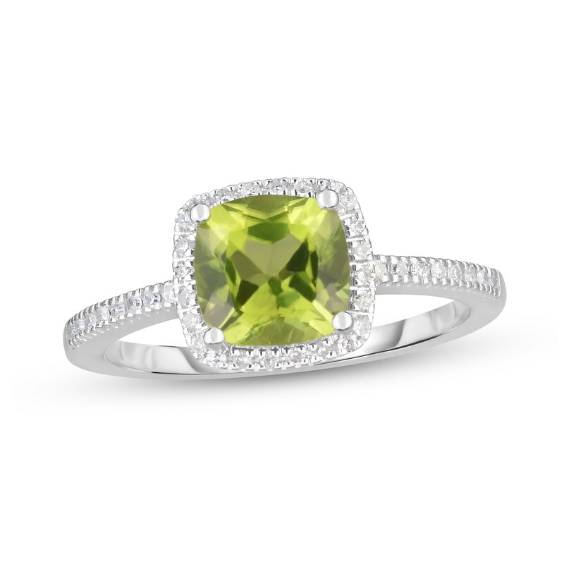 Main Image 1 of 7.0mm Cushion-Cut Peridot and 1/8 CT. T.W. Diamond Frame Ring in 14K White Gold - Size 7