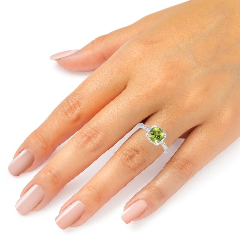 Main Image 2 of 7.0mm Cushion-Cut Peridot and 1/8 CT. T.W. Diamond Frame Ring in 14K White Gold - Size 7
