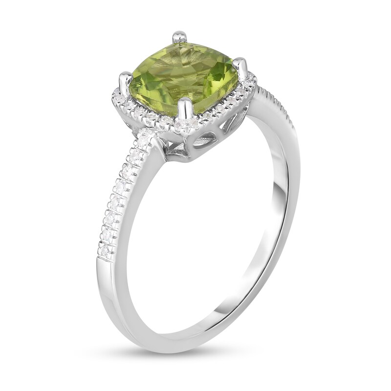 Main Image 3 of 7.0mm Cushion-Cut Peridot and 1/8 CT. T.W. Diamond Frame Ring in 14K White Gold - Size 7