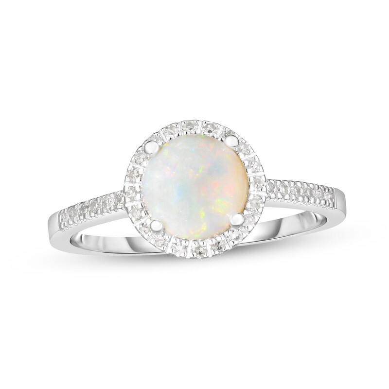 Main Image 1 of 7.0mm Cabochon Opal and 1/8 CT. T.W. Diamond Frame Ring in 14K White Gold - Size 7