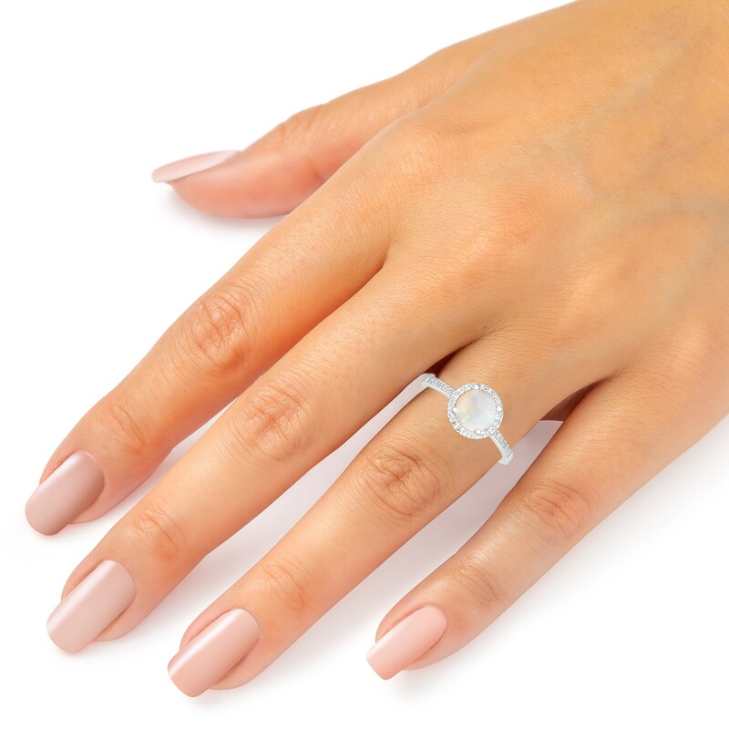 Main Image 2 of 7.0mm Cabochon Opal and 1/8 CT. T.W. Diamond Frame Ring in 14K White Gold - Size 7