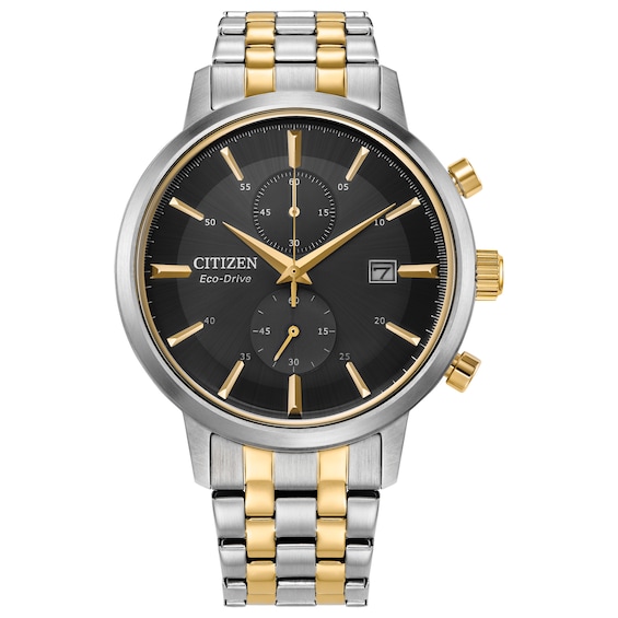 Menâs Citizen Eco-DriveÂ® Classic Two-Tone IP Chronograph Watch with Black Dial (Model: Ca7064-52E)