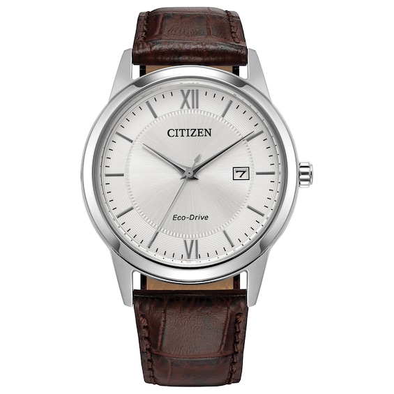 Menâs Citizen Eco-DriveÂ® Classic Brown Leather Strap Watch with Silver-Tone Dial (Model: Aw1780-25A)
