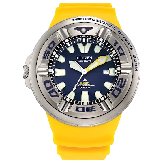 Menâs Citizen Eco-DriveÂ® Promaster Sea Yellow Strap Watch with Blue Dial (Model: Bj8058-06L)