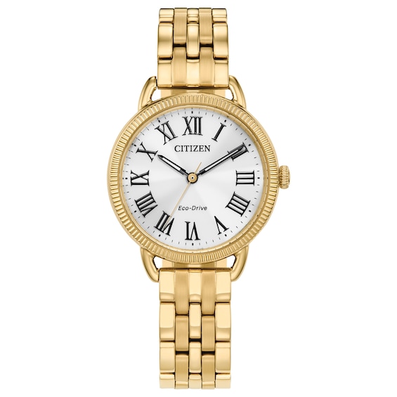 Ladiesâ Citizen Eco-Drive® Classic Gold-Tone IP Watch with Silver-Tone Dial (Model: Em1052-51A)