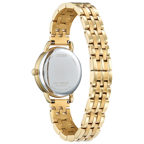 Ladiesâ Citizen Eco-DriveÂ® Classic Gold-Tone IP Watch with Silver-Tone Dial (Model: Em1052-51A)