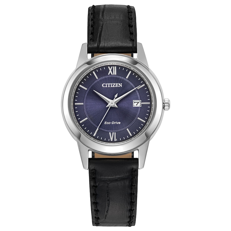 Ladies’ Citizen Eco-Drive® Classic Black Leather Strap Watch with Blue Dial (Model: FE1087-01L)