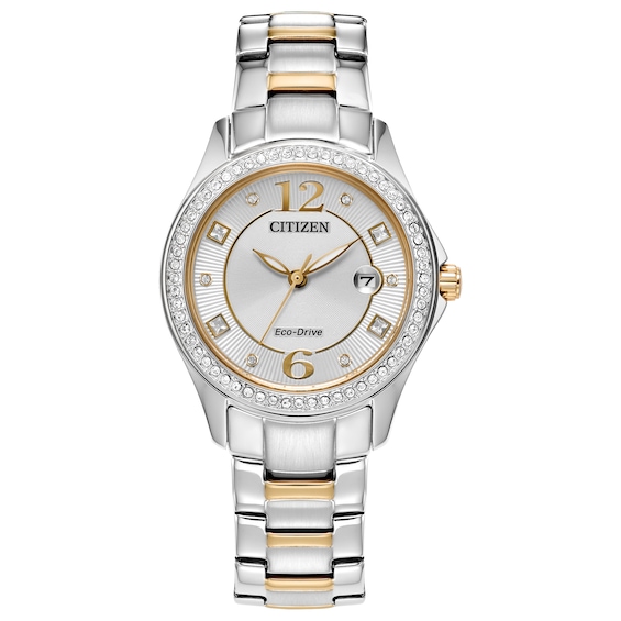 Ladiesâ Citizen Eco-DriveÂ® Crystal Accent Two-Tone IP Watch with Silver-Tone Dial (Model: Fe1146-71A)