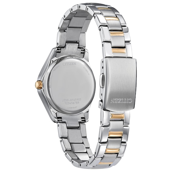 Ladiesâ Citizen Eco-DriveÂ® Crystal Accent Two-Tone IP Watch with Silver-Tone Dial (Model: Fe1146-71A)