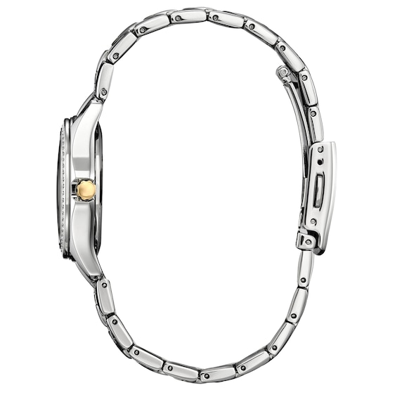 Ladiesâ Citizen Eco-DriveÂ® Crystal Accent Two-Tone IP Watch with Silver-Tone Dial (Model: Fe1146-71A)