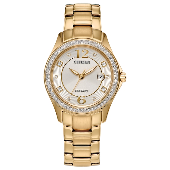 Ladies’ Citizen Eco-Drive® Crystal Accent Gold-Tone IP Watch with Champagne Dial (Model: Fe1147-79P)