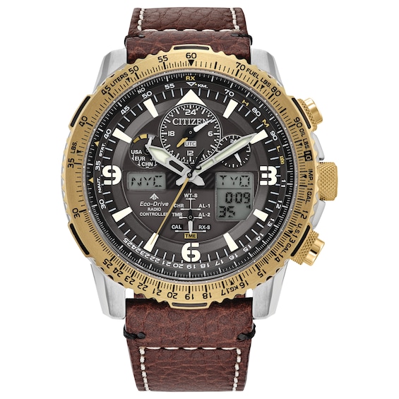 Menâs Citizen Eco-DriveÂ® Promaster Skyhawk A-T Chronograph Two-Tone IP Strap Watch with Grey Dial (Model: Jy8084-09H)