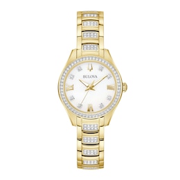 Ladies' Bulova Crystal Accent Gold-Tone IP Watch with Mother-of-Pearl Dial (Model: 98L306)