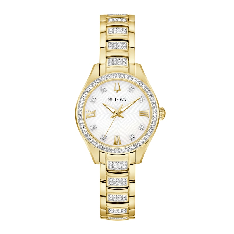 Ladies\' Bulova Crystal Accent Gold-Tone IP Watch with Mother-of-Pearl Dial  (Model: 98L306) | Zales