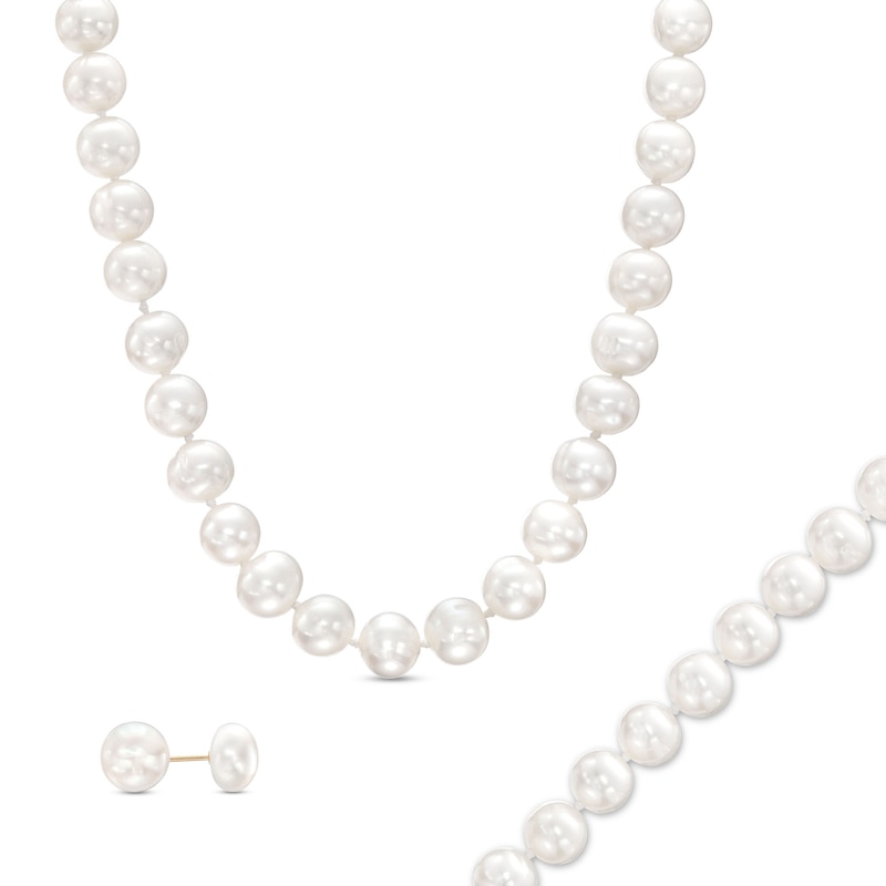 Essentials 6.0-8.0mm Cultured Freshwater Pearl Stud Earrings, Bracelet and Necklace Set with 10K Gold Filigree Clasp