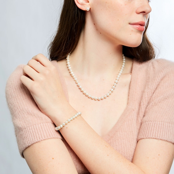 6.0-8.0mm Freshwater Cultured Pearl Stud Earrings, Bracelet and Necklace Set with 10K Gold Filigree Clasp
