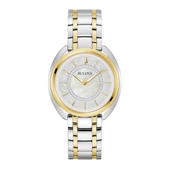 Ladies' Bulova Duality 1/10 CT. T.w. Diamond Two-Tone IP Watch with Mother-of-Pearl Dial (Model: 98X134)