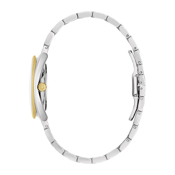 Ladies' Bulova Duality 1/10 CT. T.w. Diamond Two-Tone IP Watch with Mother-of-Pearl Dial (Model: 98X134)