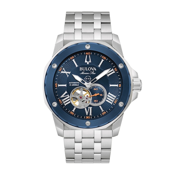 Men's Bulova Marine Star Automatic Watch with Blue Skeleton Dial (Model: 98A302)