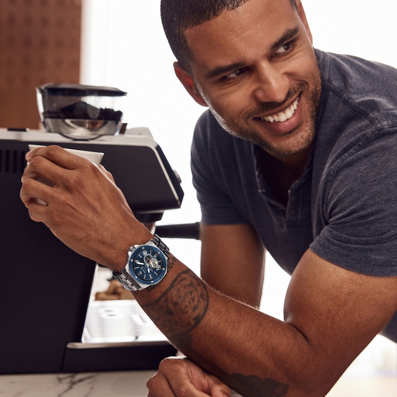 Main Image 3 of Men's Bulova Marine Star Automatic Watch with Blue Skeleton Dial (Model: 98A302)