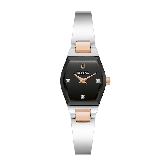 Ladies' Bulova Gemini Diamond Accent Two-Tone IP Bangle Watch with Tonneau Black Dial (Model: 98P216)