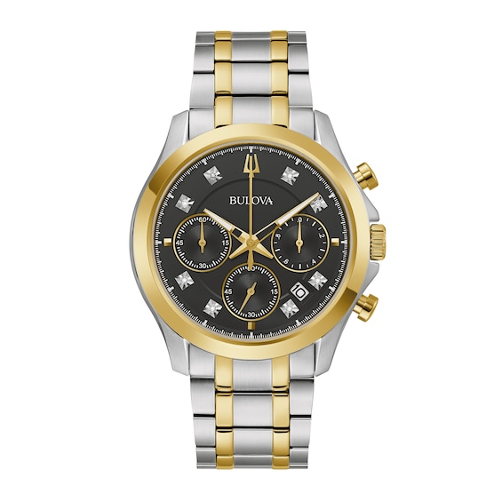 Men's Bulova Classic Diamond Accent Two-Tone IP Chronograph Watch with Black Dial (Model: 98D178)