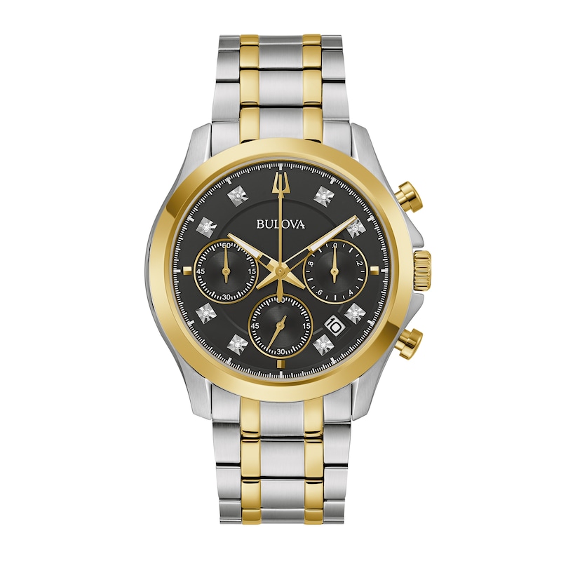 Main Image 1 of Men's Bulova Classic Diamond Accent Two-Tone IP Chronograph Watch with Black Dial (Model: 98D178)