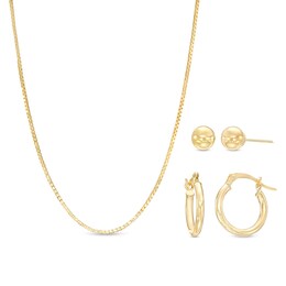 5.0mm Hoop Earrings, Ball Stud Earrings and Box Chain Necklace Set in 14K Gold