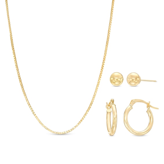 Essentials 15.0mm Hoop Earrings, Ball Stud Earrings and Box Chain Necklace Set in 14K Gold