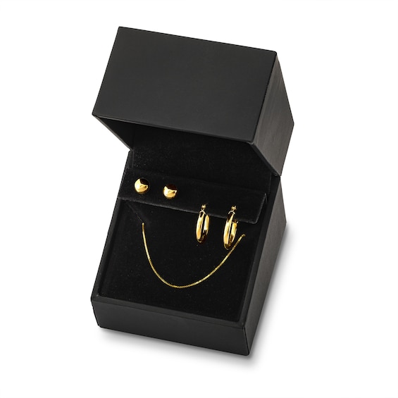 5.0mm Hoop Earrings, Ball Stud Earrings and Box Chain Necklace Set in 14K Gold