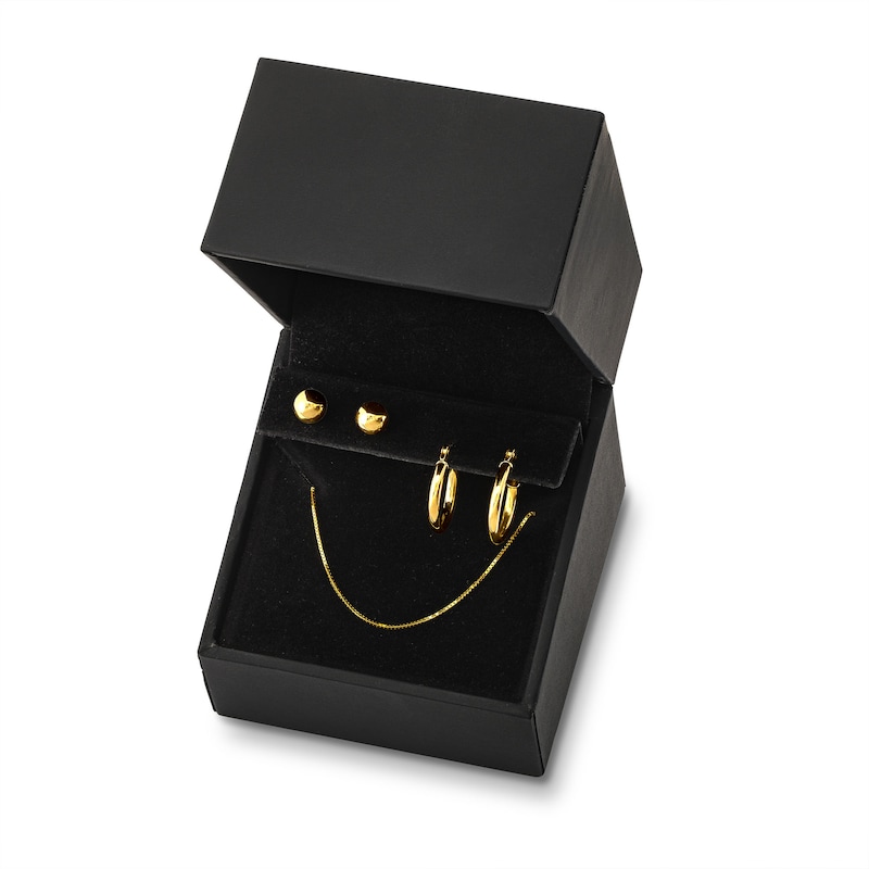 Essentials 15.0mm Hoop Earrings, Ball Stud Earrings and Box Chain Necklace Set in 14K Gold