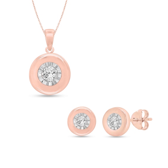 1/10 CT. T.w. Diamond Solitaire Puff Frame Drop Pendant and Stud Earrings Set in Sterling Silver with Rose Rhodium