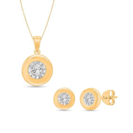1/10 CT. T.w. Diamond Solitaire Puff Frame Drop Pendant and Stud Earrings Set in Sterling Silver with Yellow Rhodium