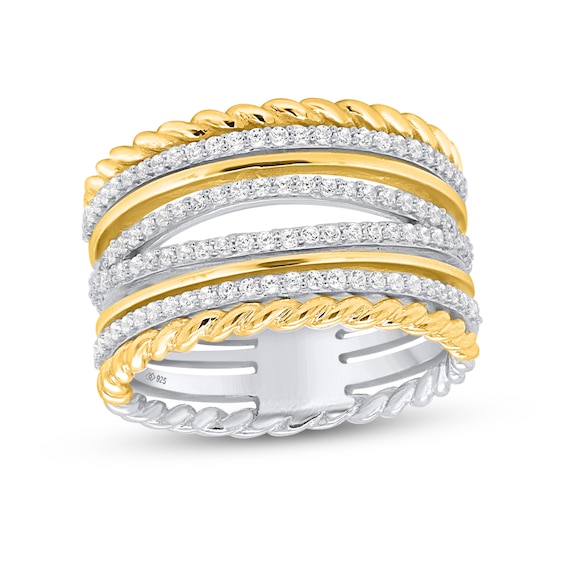 1/2 CT. T.w. Diamond and Rope-Textured Multi-Row Ring in Sterling Silver and Yellow Rhodium - Size 7