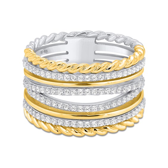 1/2 CT. T.w. Diamond and Rope-Textured Multi-Row Ring in Sterling Silver and Yellow Rhodium - Size 7