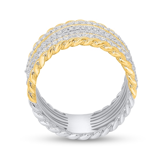 1/2 CT. T.w. Diamond and Rope-Textured Multi-Row Ring in Sterling Silver and Yellow Rhodium - Size 7