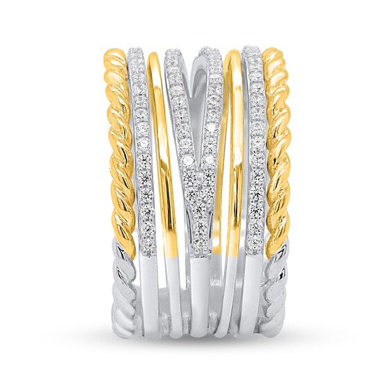 1/2 CT. T.w. Diamond and Rope-Textured Multi-Row Ring in Sterling Silver and Yellow Rhodium - Size 7