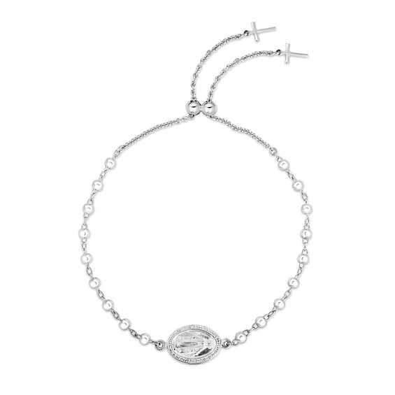 Sideways Virgin Mary Oval Medallion and Double Cross Ends Bead Station Bolo Bracelet in Sterling Silver - 9.25"