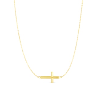 Multi-Finish Sideways Cross Necklace in 14K Gold