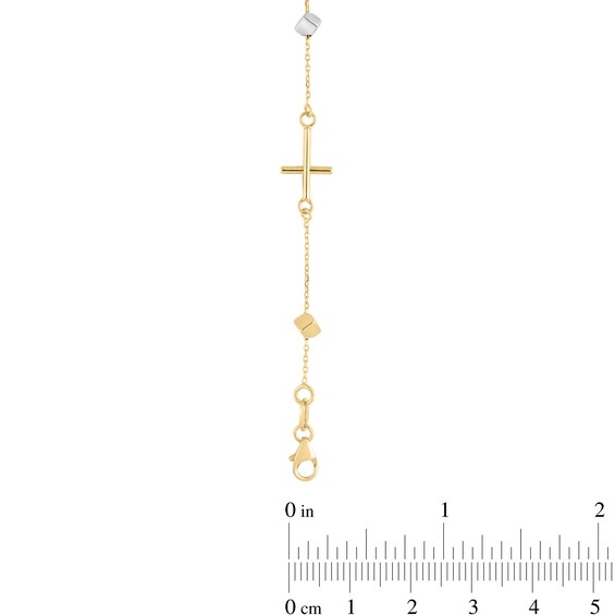 Sideways Virgin Mary Oval Medallion with Cross and Faceted Bead Station Bracelet in 14K Tri-Toned Gold - 7.5"