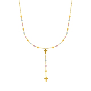 Double Cross Bead Station Rosary Necklace in 14K Tri-Tone Gold - 17"