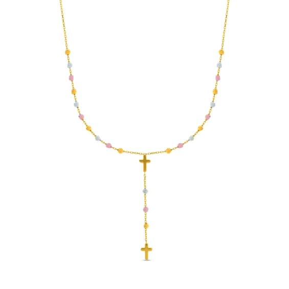 Double Cross Bead Station Rosary Necklace in 14K Tri-Tone Gold - 17"
