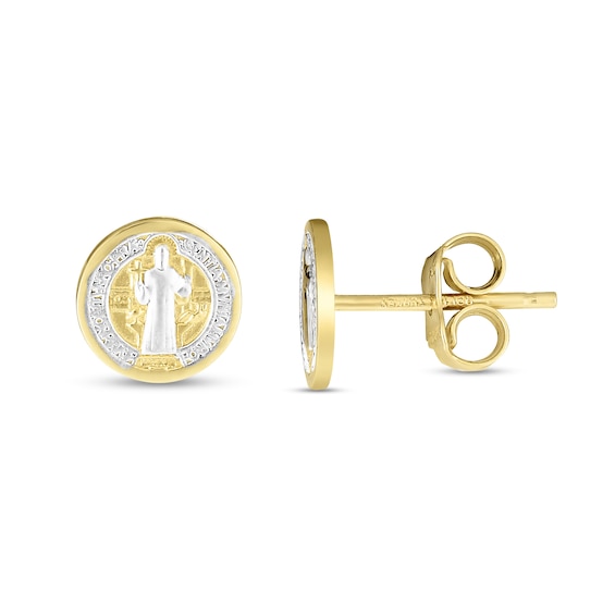 Multi-Finish Saint Benedict Disc Stud Earrings in 14K Two-Tone Gold