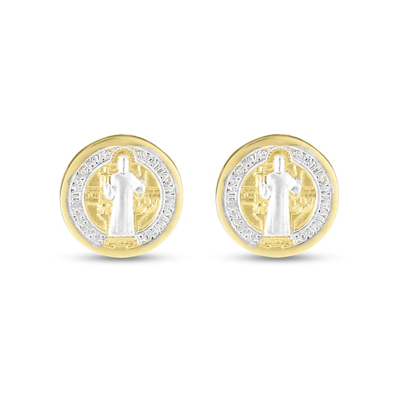 Multi-Finish Saint Benedict Disc Stud Earrings in 14K Two-Tone Gold