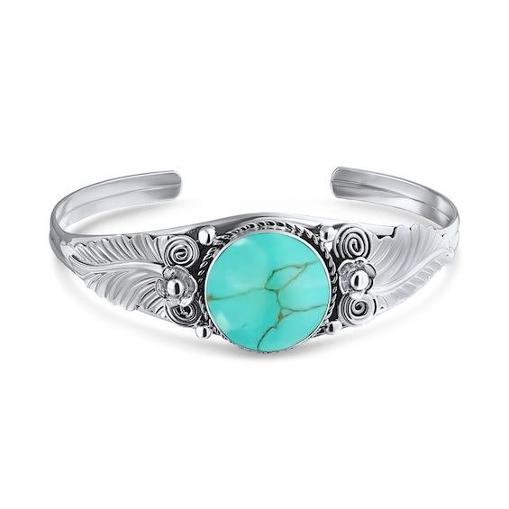14.0mm Cabochon Turquoise Rope-Textured Frame Floral-Sides Cuff in Sterling Silver - 11"