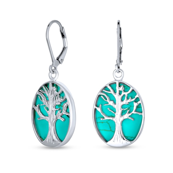 Oval Cabochon Turquoise Tree of Life Overlay Drop Earrings in Sterling Silver