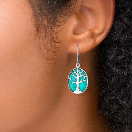 Oval Cabochon Turquoise Tree of Life Overlay Drop Earrings in Sterling Silver