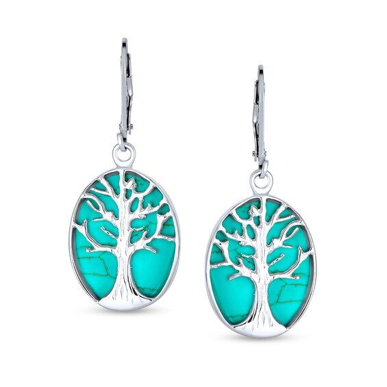 Oval Cabochon Turquoise Tree of Life Overlay Drop Earrings in Sterling Silver