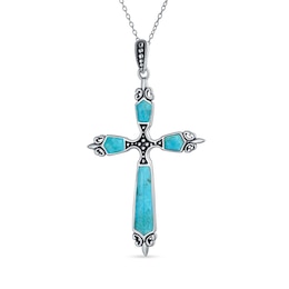 Cabochon Turquoise Beaded Fleur-de-Lis Cross Pendant in Sterling Silver